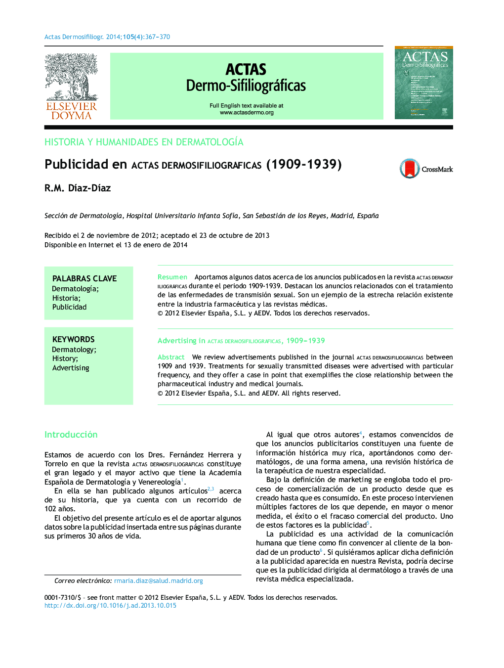 Publicidad en Actas Dermosifiliográficas (1909-1939)