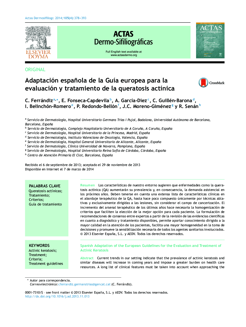 Adaptación española de la Guía europea para la evaluación y tratamiento de la queratosis actínica