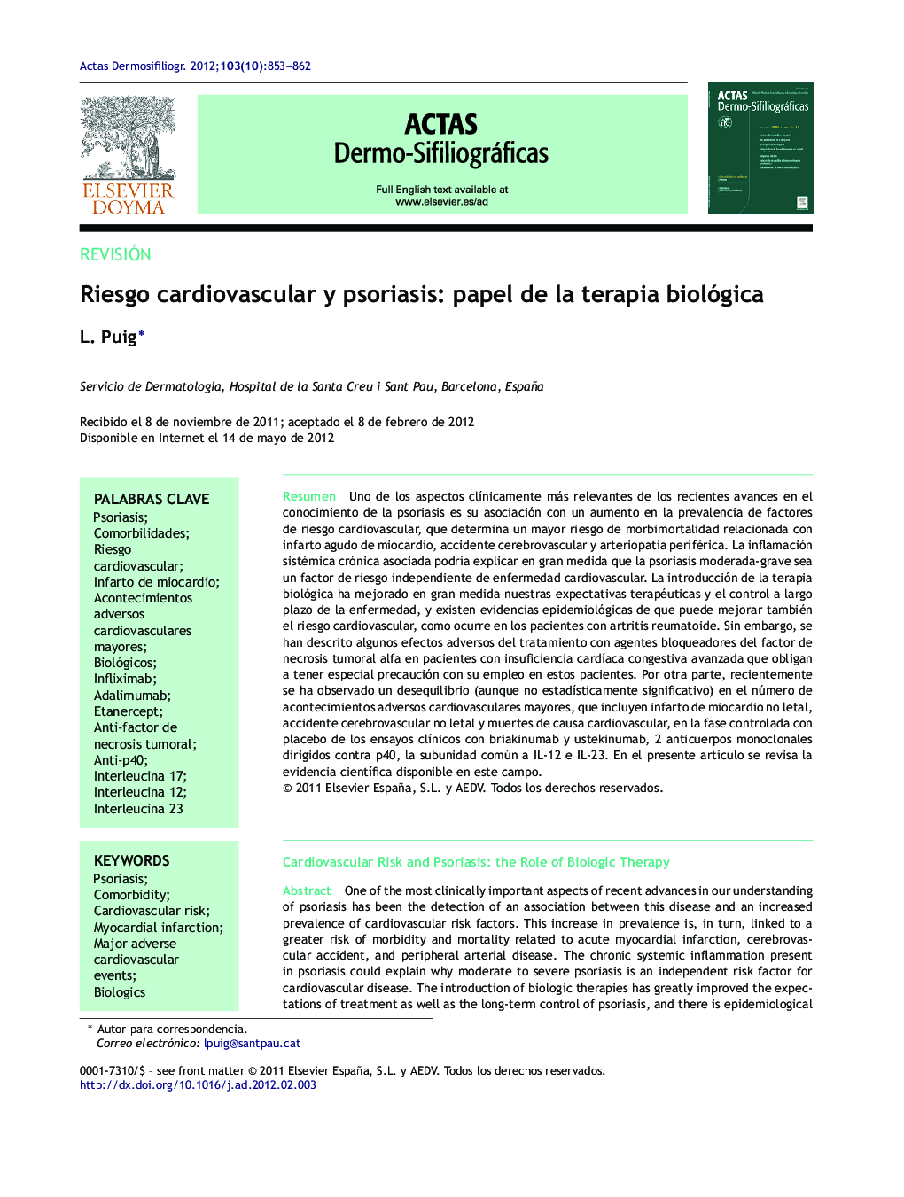 Riesgo cardiovascular y psoriasis: papel de la terapia biológica