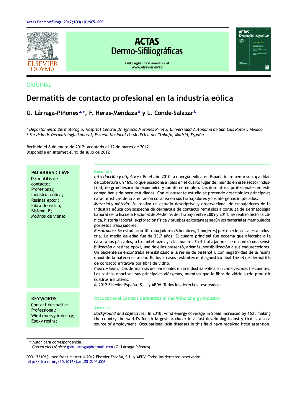 Dermatitis de contacto profesional en la industria eólica