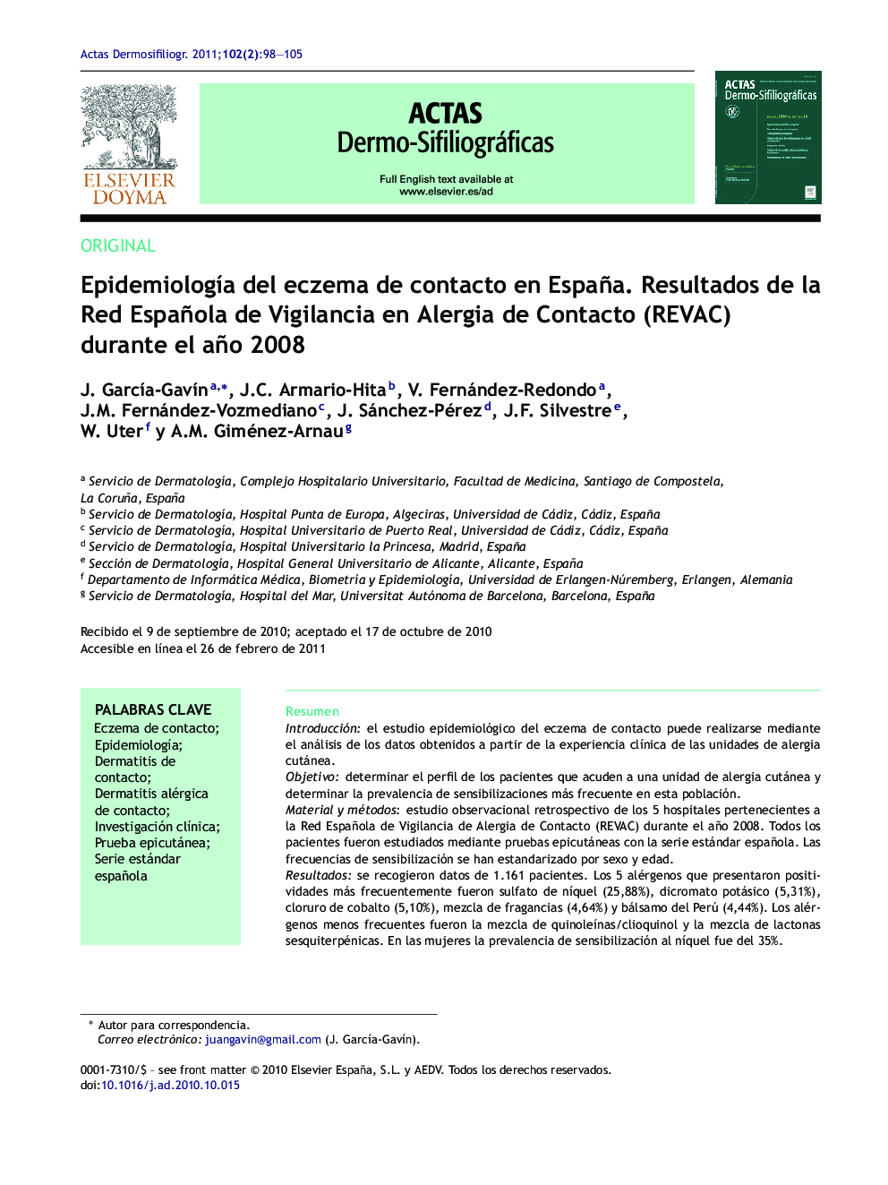 Epidemiología del eczema de contacto en España. Resultados de la Red Española de Vigilancia en Alergia de Contacto (REVAC) durante el año 2008