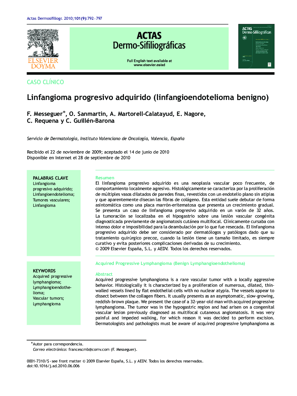 Linfangioma progresivo adquirido (linfangioendotelioma benigno)