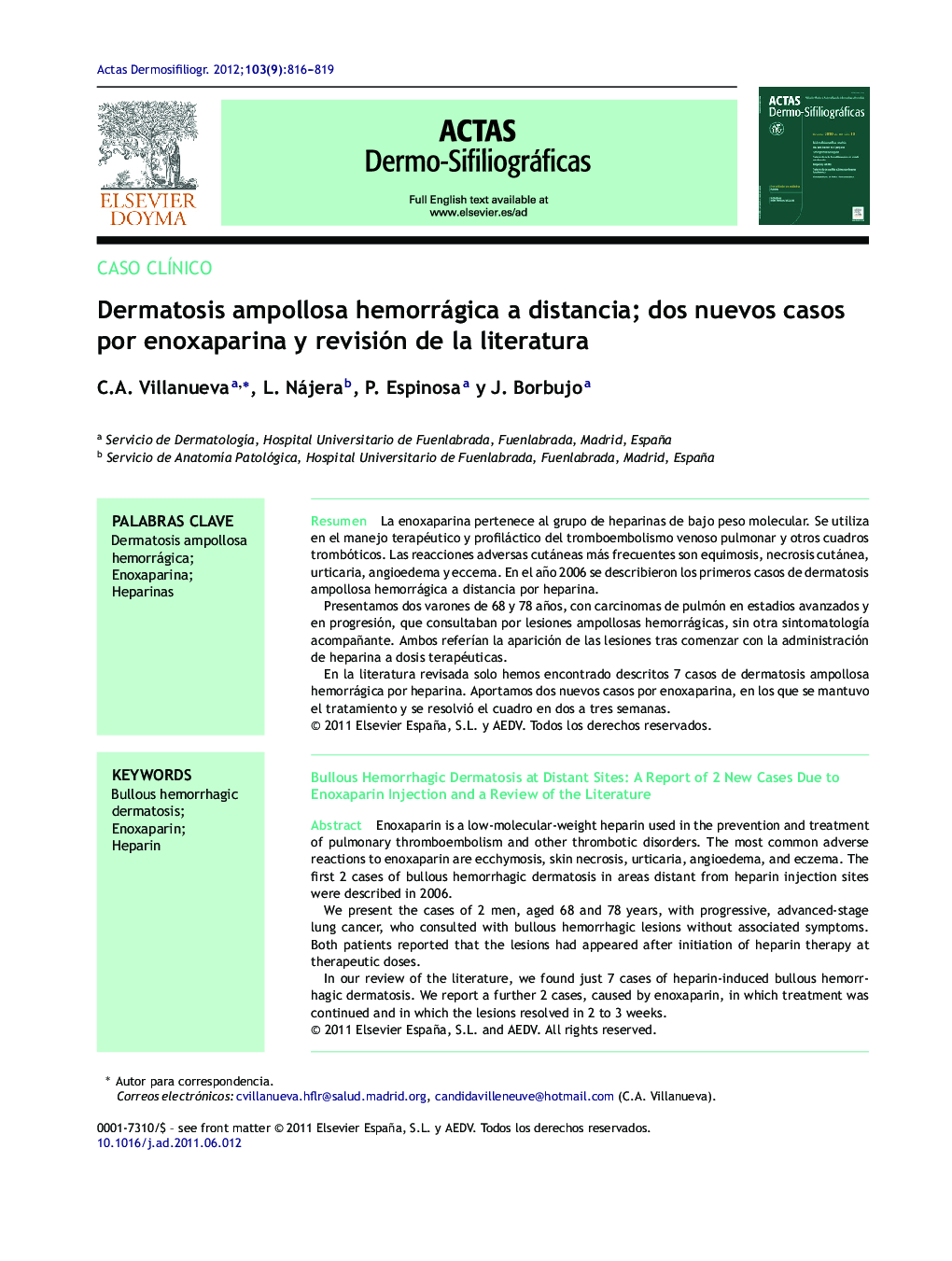 Dermatosis ampollosa hemorrágica a distancia; dos nuevos casos por enoxaparina y revisión de la literatura