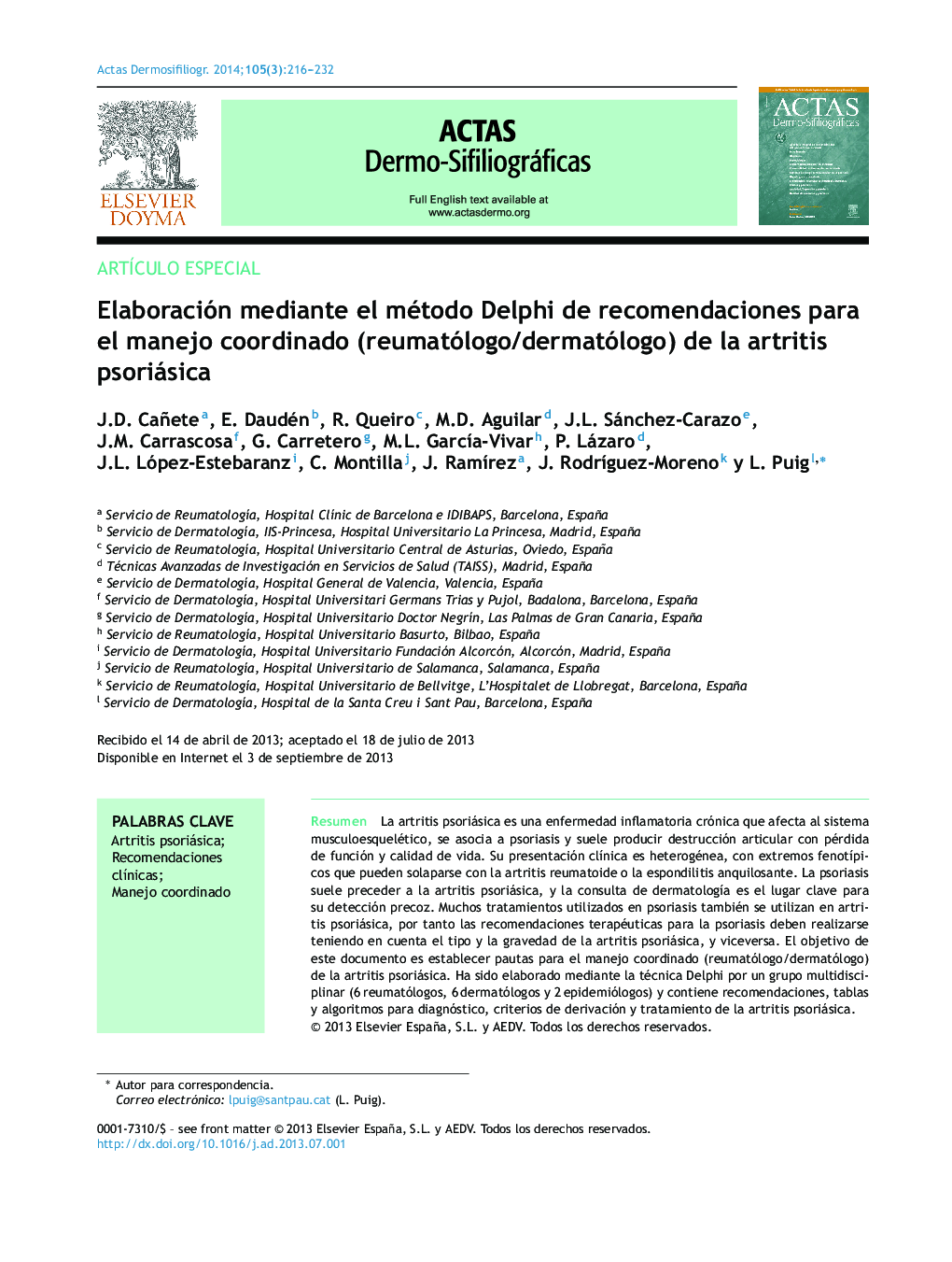 Elaboración mediante el método Delphi de recomendaciones para el manejo coordinado (reumatólogo/dermatólogo) de la artritis psoriásica