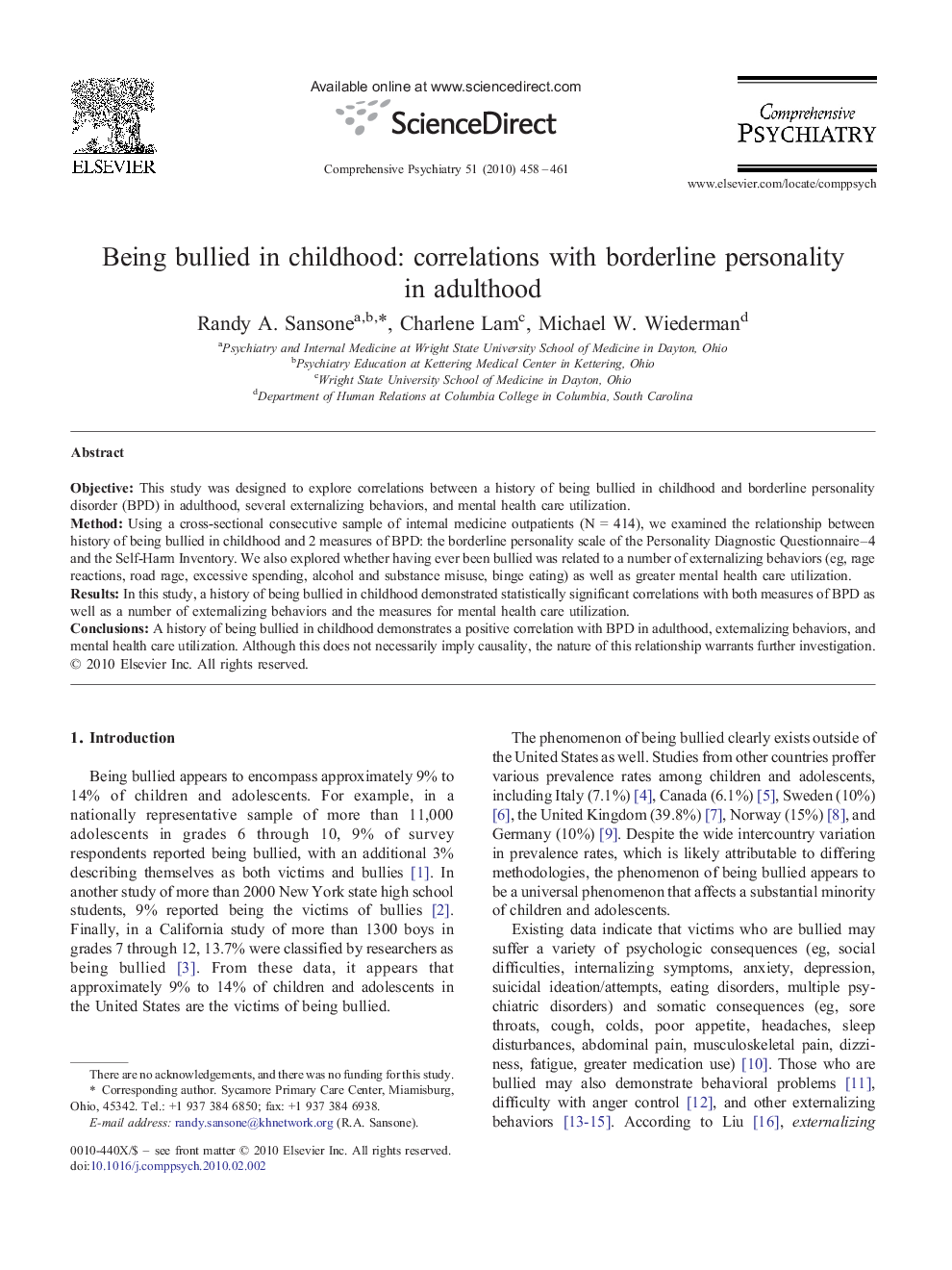 Being bullied in childhood: correlations with borderline personality in adulthood 