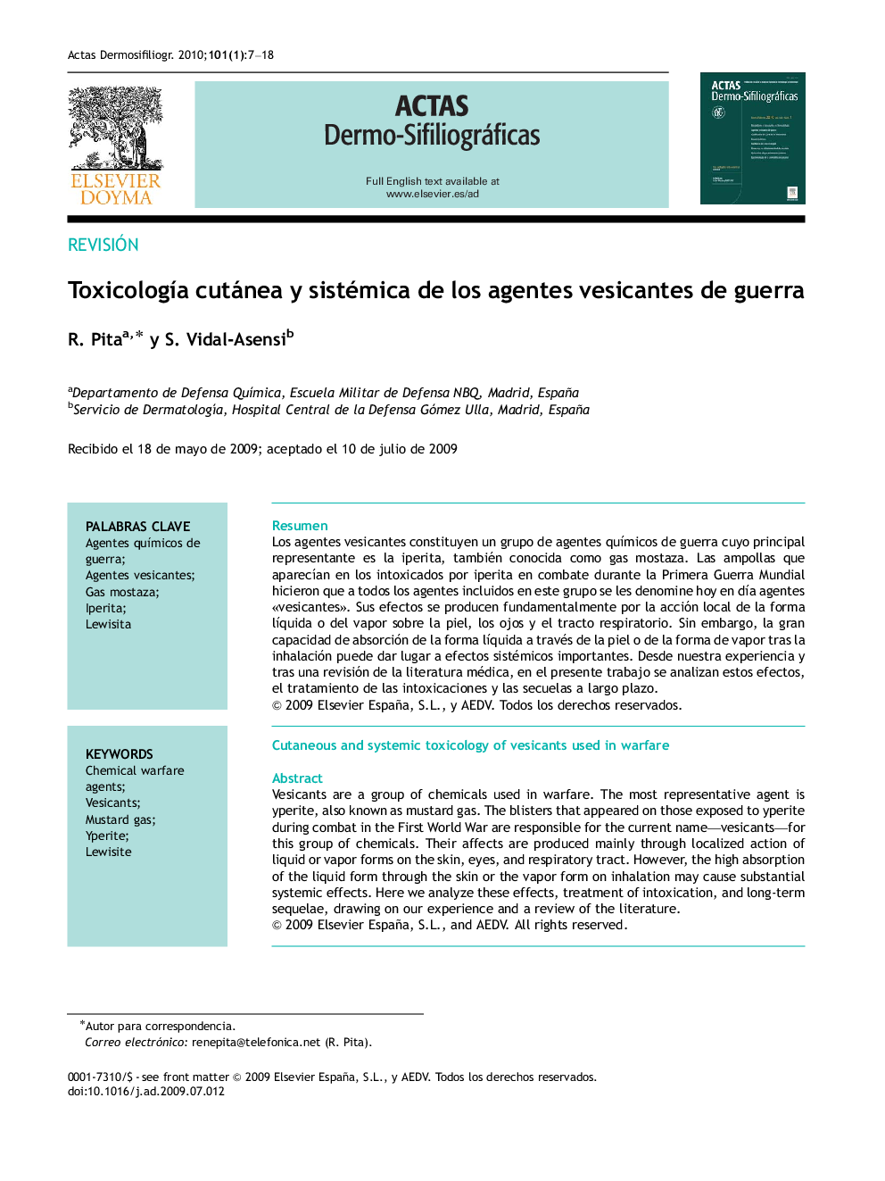 ToxicologÃ­a cutánea y sistémica de los agentes vesicantes de guerra