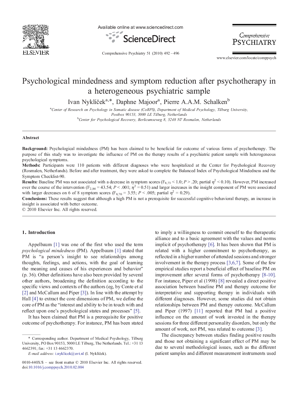 Psychological mindedness and symptom reduction after psychotherapy in a heterogeneous psychiatric sample
