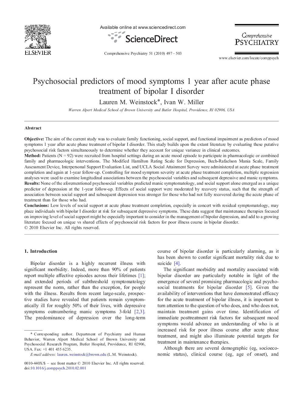 Psychosocial predictors of mood symptoms 1 year after acute phase treatment of bipolar I disorder