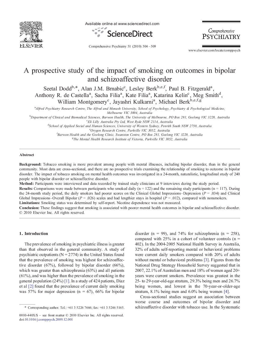 A prospective study of the impact of smoking on outcomes in bipolar and schizoaffective disorder