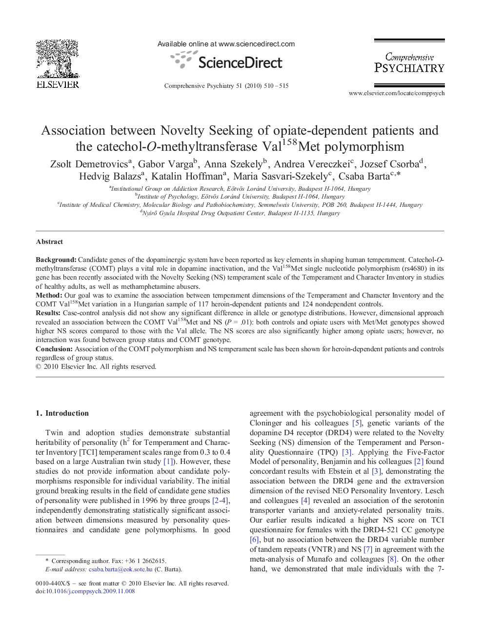 Association between Novelty Seeking of opiate-dependent patients and the catechol-O-methyltransferase Val158Met polymorphism