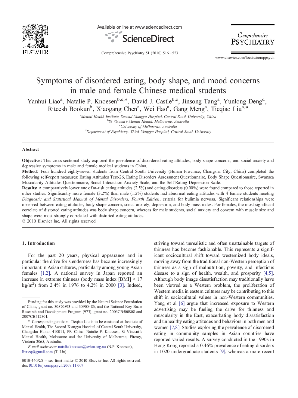 Symptoms of disordered eating, body shape, and mood concerns in male and female Chinese medical students 