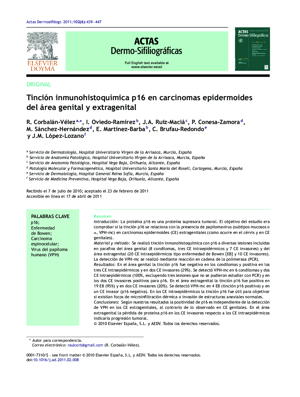 Tinción inmunohistoquímica p16 en carcinomas epidermoides del área genital y extragenital