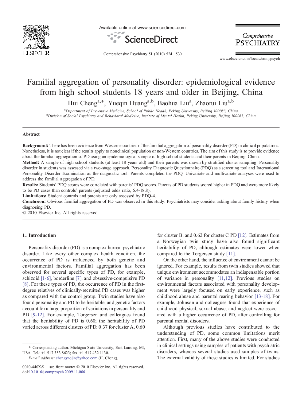 Familial aggregation of personality disorder: epidemiological evidence from high school students 18 years and older in Beijing, China