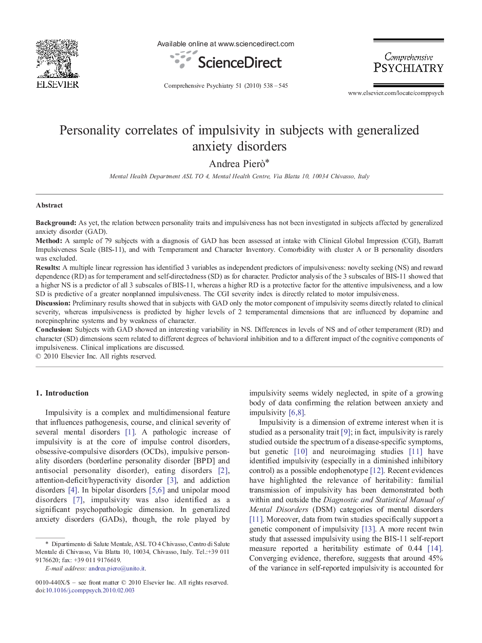 Personality correlates of impulsivity in subjects with generalized anxiety disorders