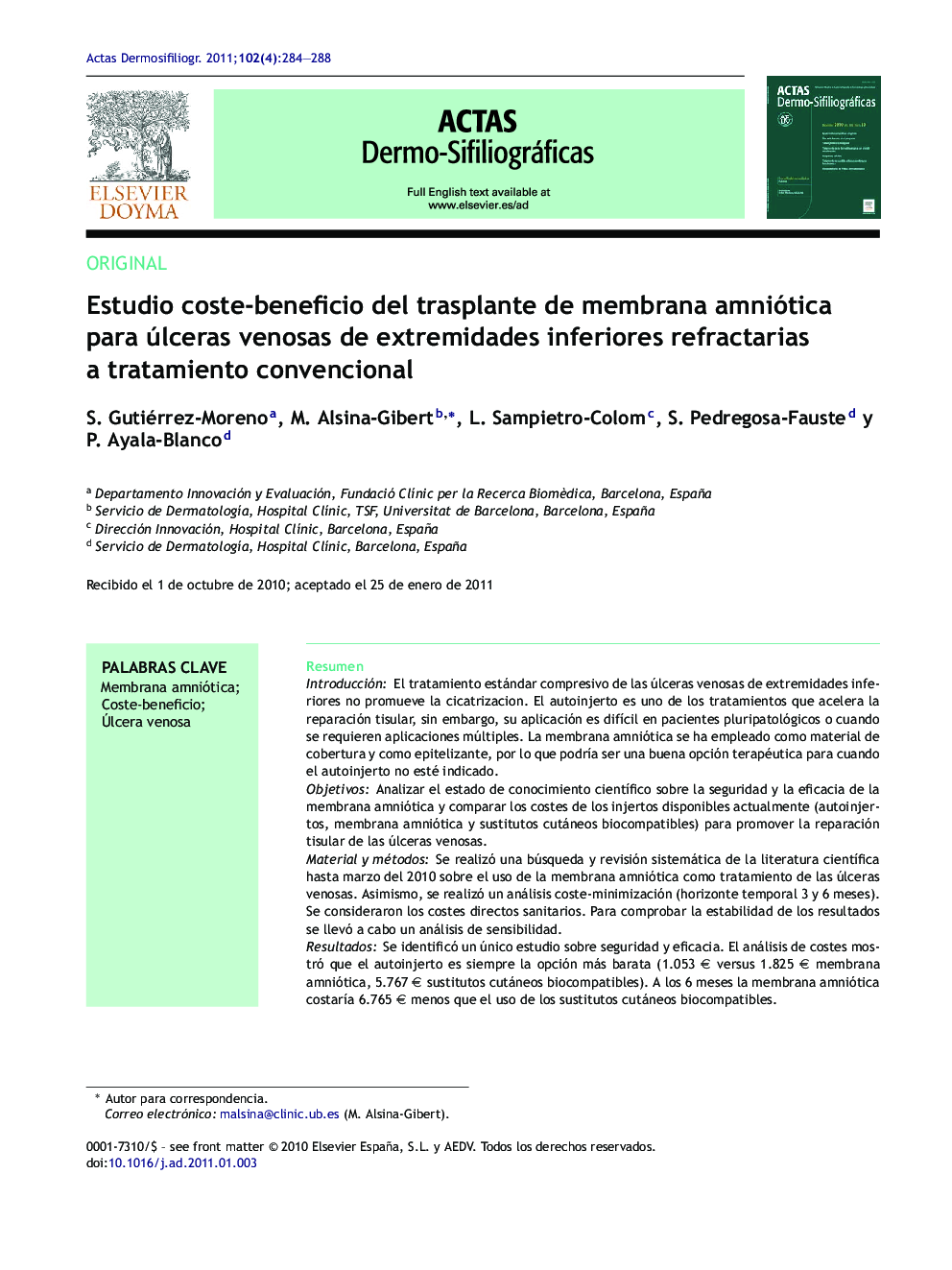 Estudio coste-beneficio del trasplante de membrana amniótica para úlceras venosas de extremidades inferiores refractarias a tratamiento convencional