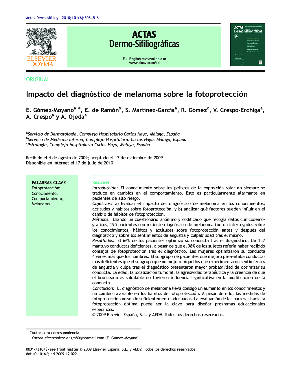 Impacto del diagnóstico de melanoma sobre la fotoprotección