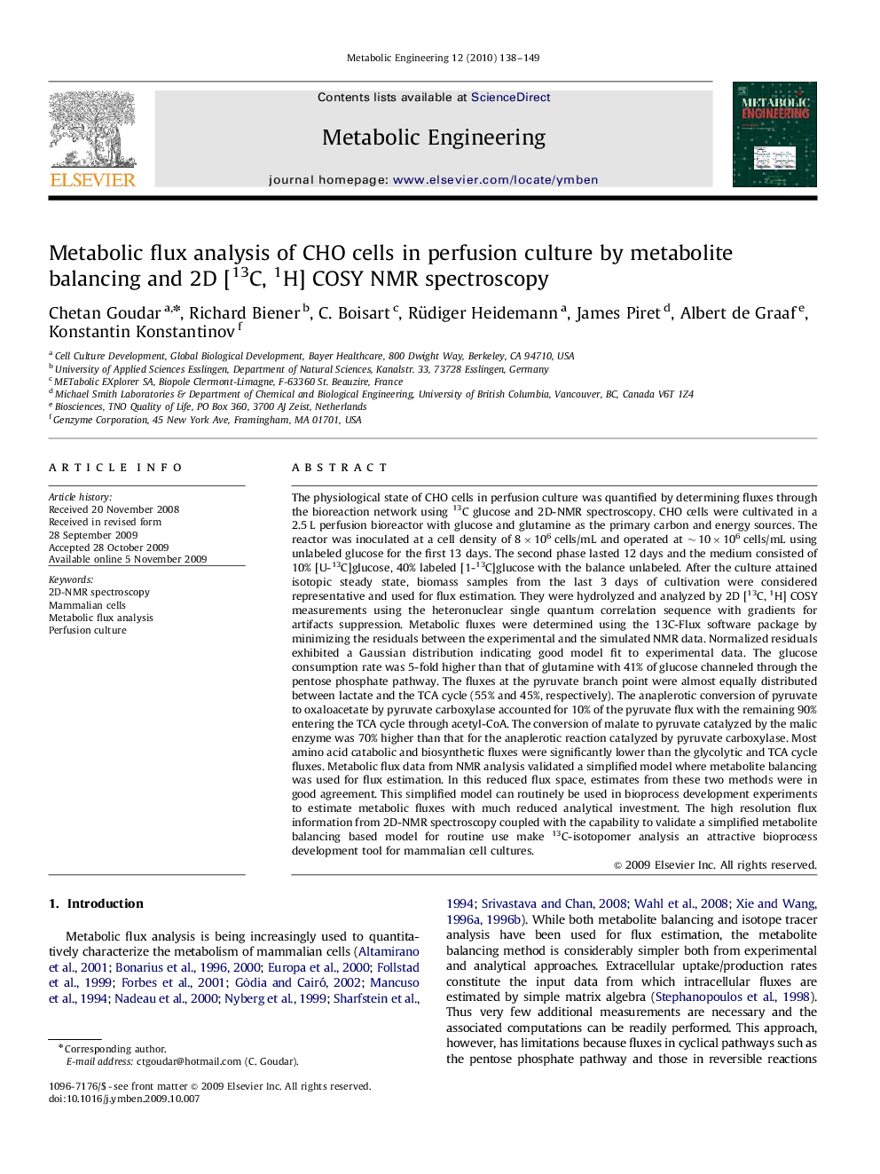 Metabolic flux analysis of CHO cells in perfusion culture by metabolite balancing and 2D [13C, 1H] COSY NMR spectroscopy