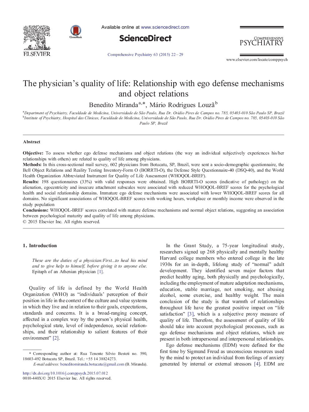 The physician’s quality of life: Relationship with ego defense mechanisms and object relations
