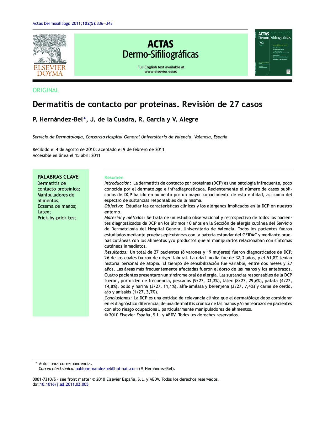 Dermatitis de contacto por proteínas. Revisión de 27 casos