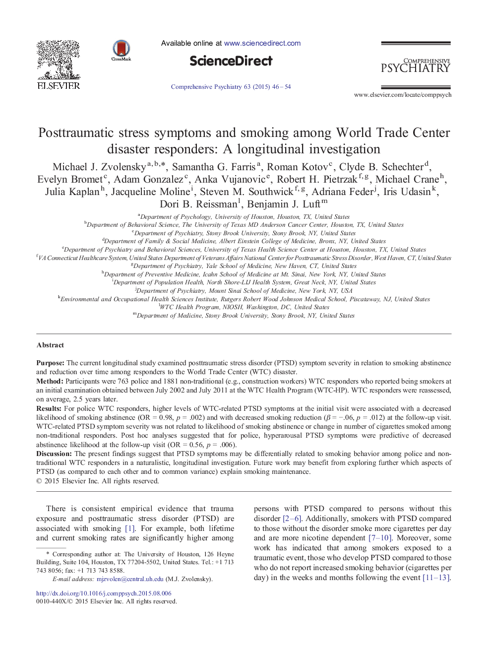Posttraumatic stress symptoms and smoking among World Trade Center disaster responders: A longitudinal investigation