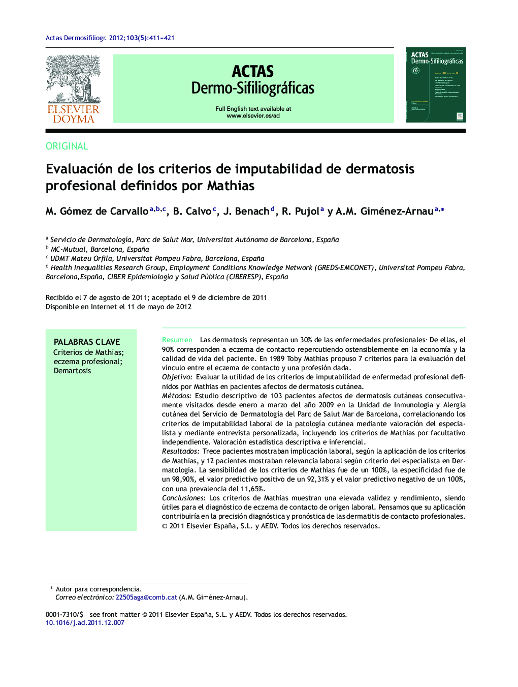 Evaluación de los criterios de imputabilidad de dermatosis profesional definidos por Mathias