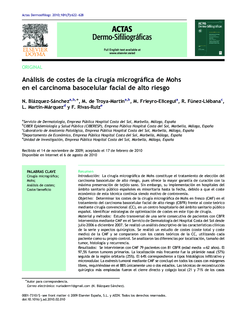 Análisis de costes de la cirugía micrográfica de Mohs en el carcinoma basocelular facial de alto riesgo