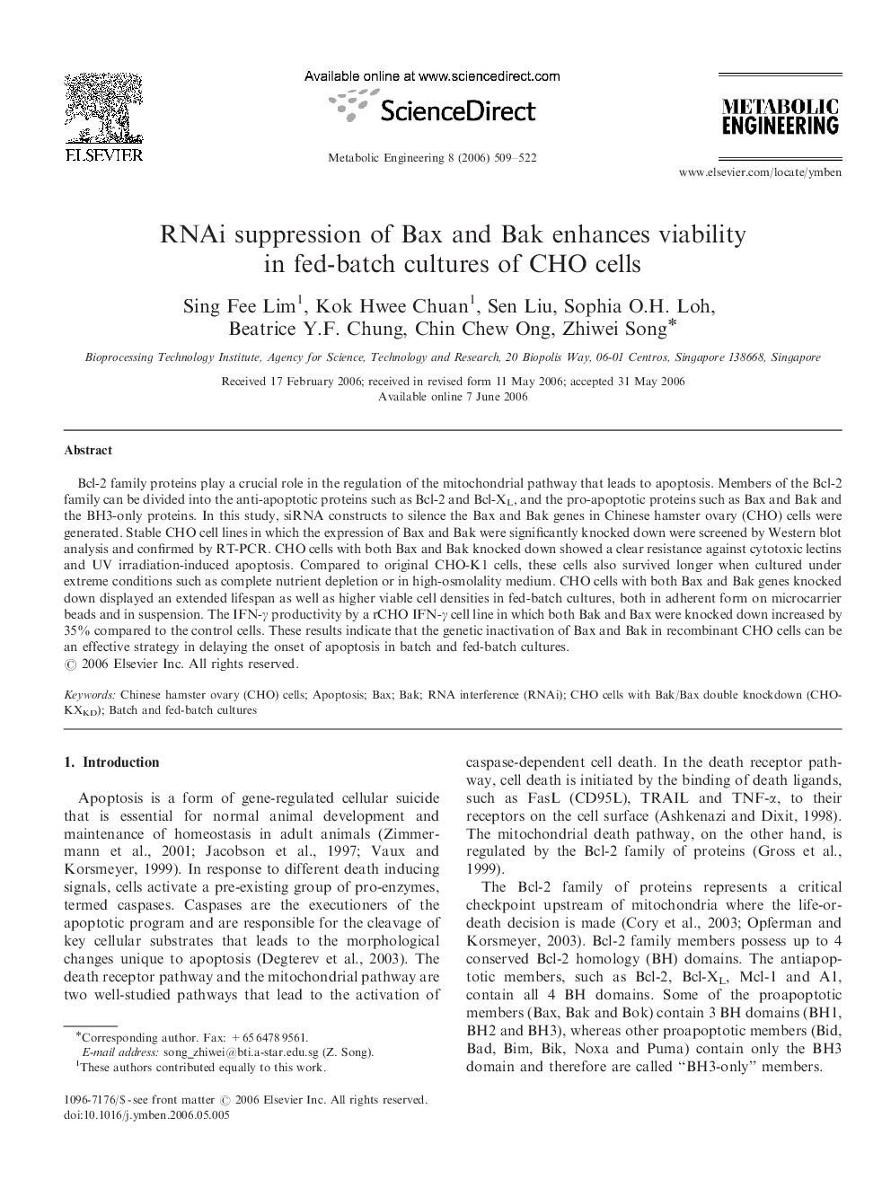 RNAi suppression of Bax and Bak enhances viability in fed-batch cultures of CHO cells