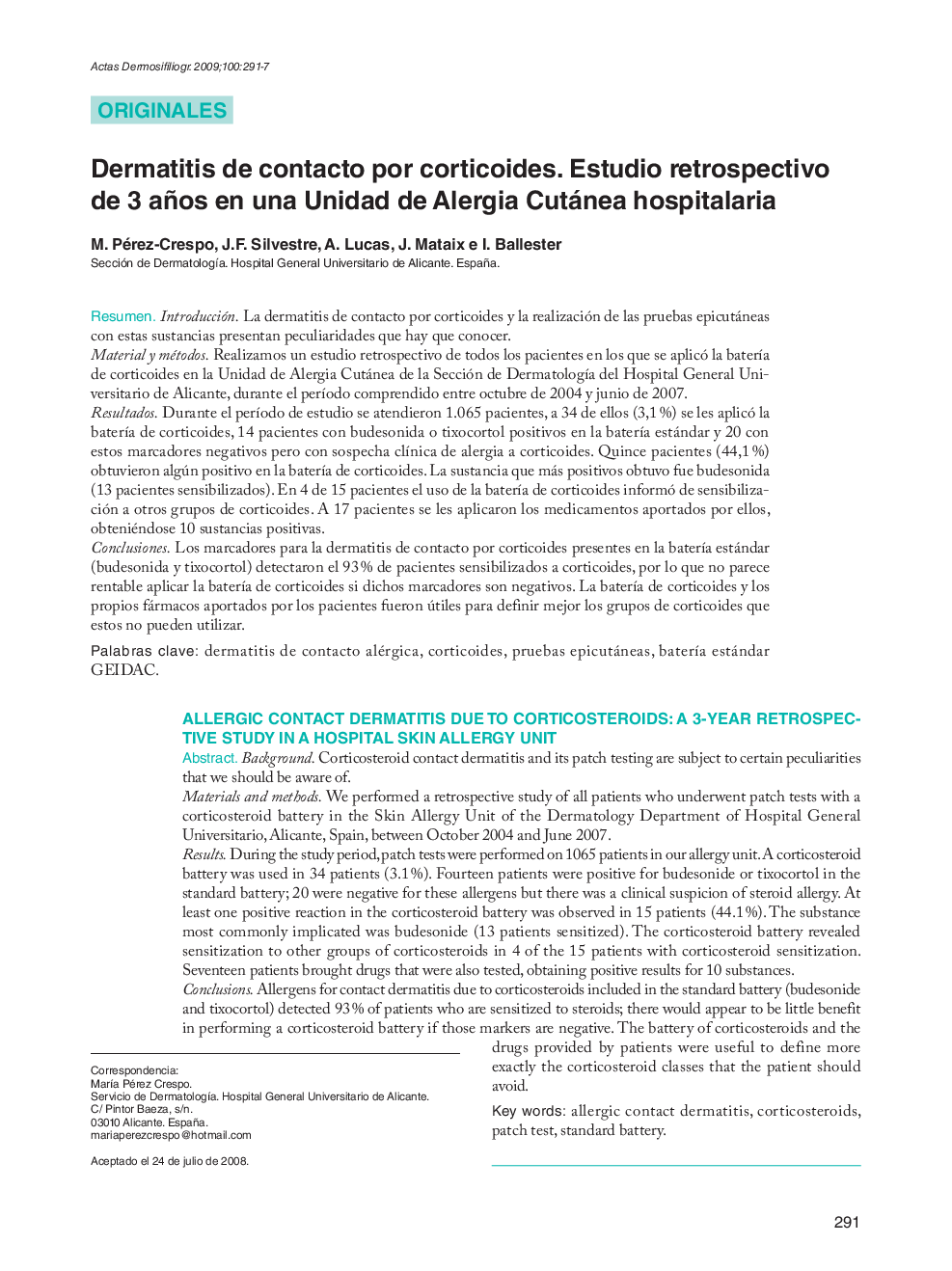 Dermatitis de contacto por corticoides. Estudio retrospectivo de 3 años en una Unidad de Alergia Cutánea hospitalaria