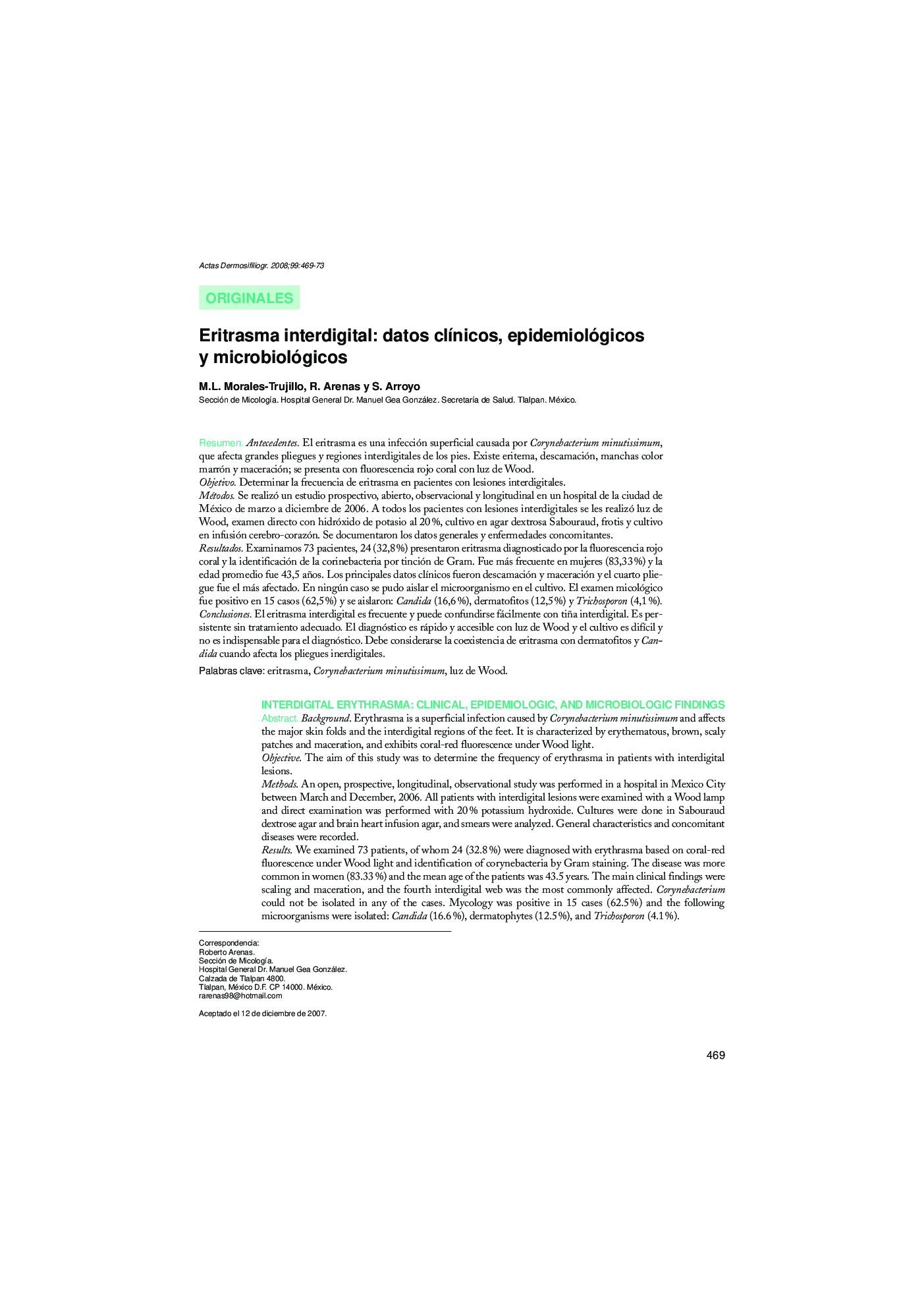 Eritrasma interdigital: datos clÃ­nicos, epidemiológicos y microbiológicos