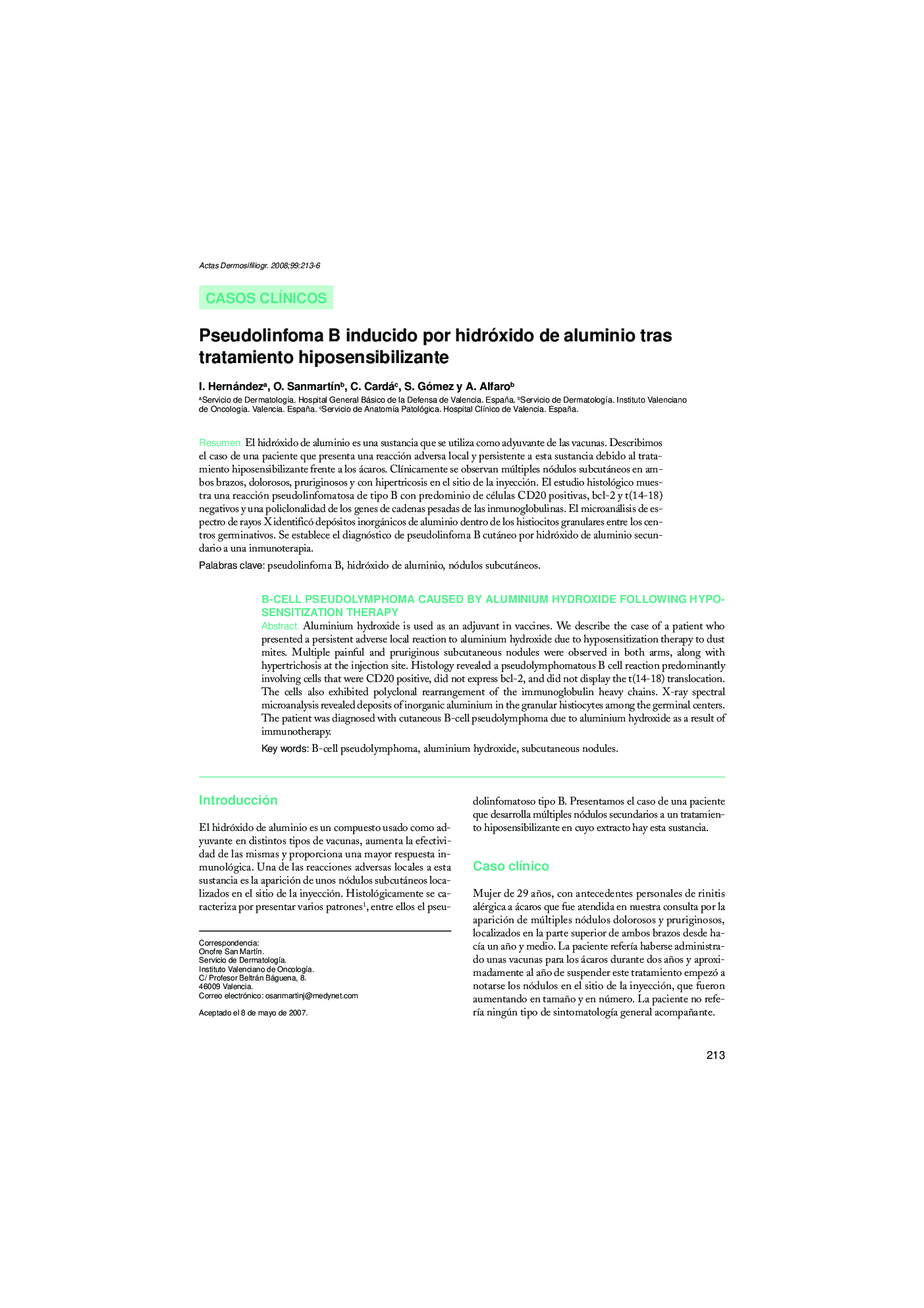 Pseudolinfoma B inducido por hidróxido de aluminio tras tratamiento hiposensibilizante