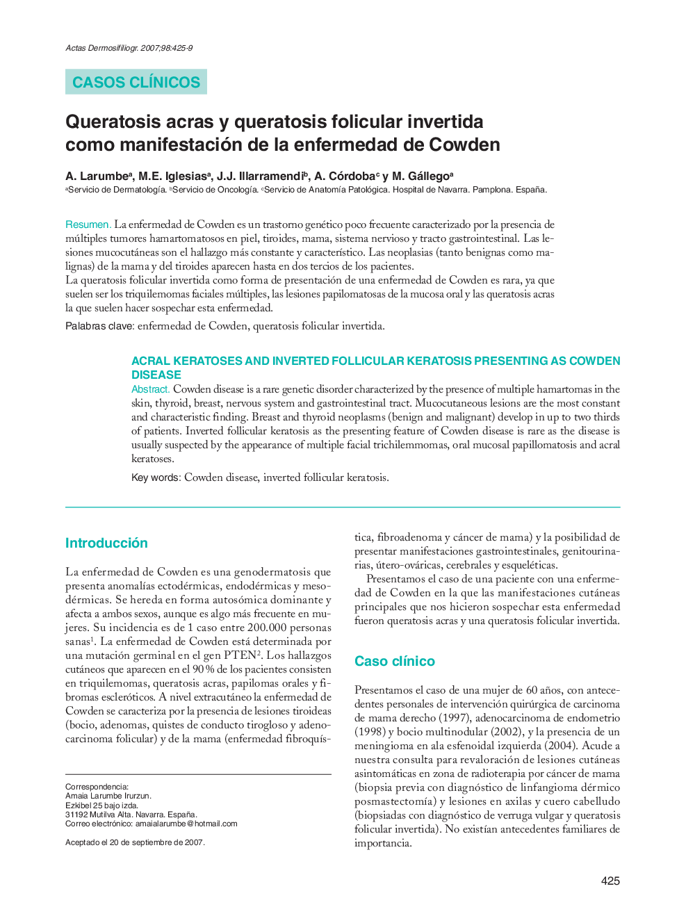 Queratosis acras y queratosis folicular invertida como manifestación de la enfermedad de Cowden