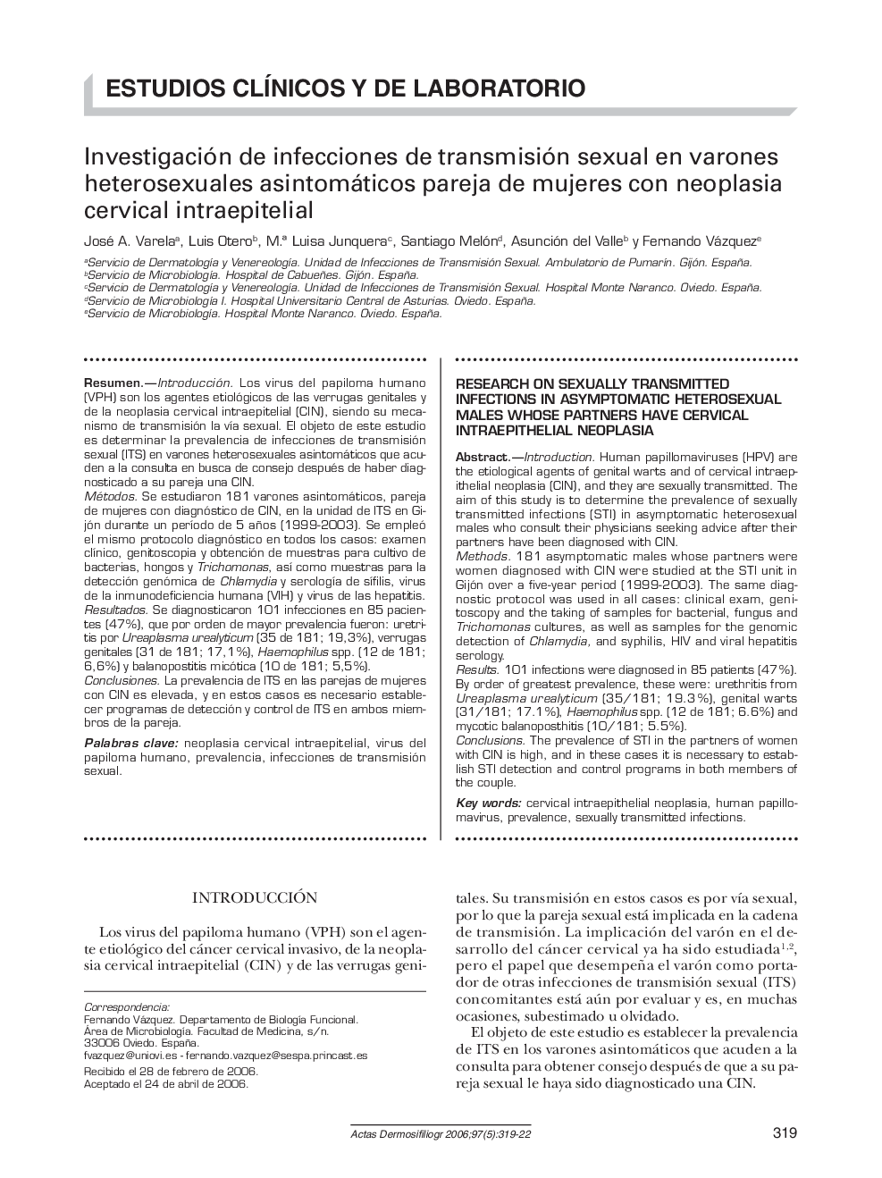 Investigación de infecciones de transmisión sexual en varones heterosexuales asintomáticos pareja de mujeres con neoplasia cervical intraepitelial