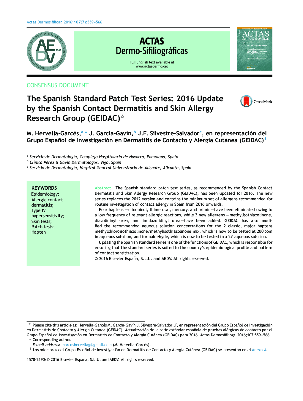 The Spanish Standard Patch Test Series: 2016 Update by the Spanish Contact Dermatitis and Skin Allergy Research Group (GEIDAC) 