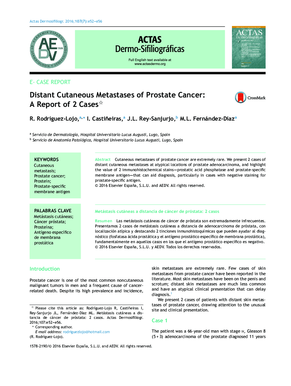 Distant Cutaneous Metastases of Prostate Cancer: A Report of 2 Cases 