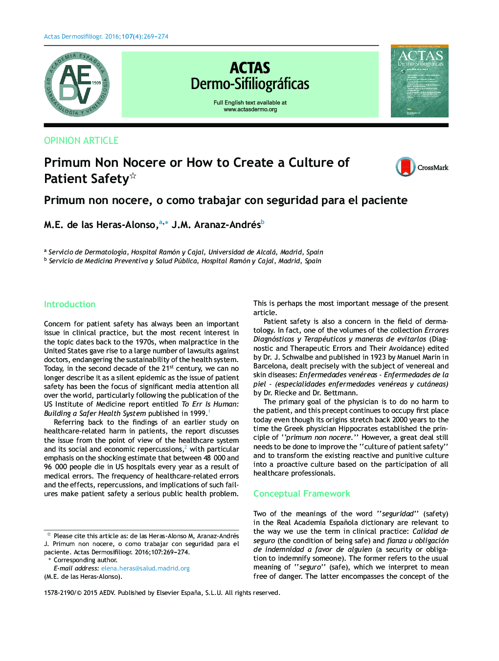 Primum Non Nocere or How to Create a Culture of Patient Safety