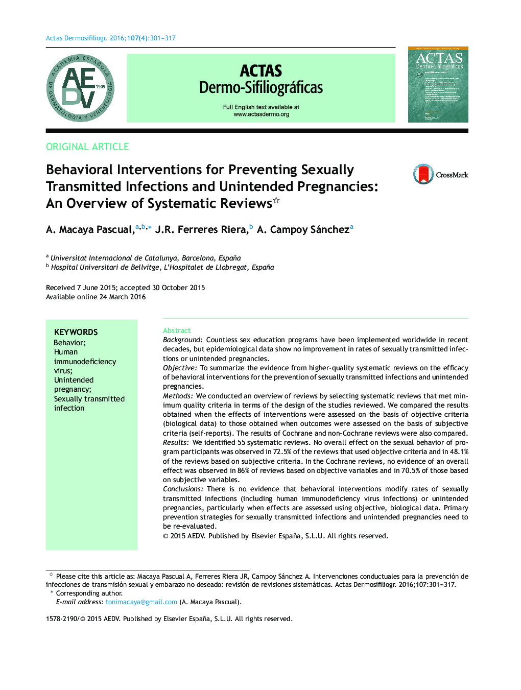 Behavioral Interventions for Preventing Sexually Transmitted Infections and Unintended Pregnancies: An Overview of Systematic Reviews 