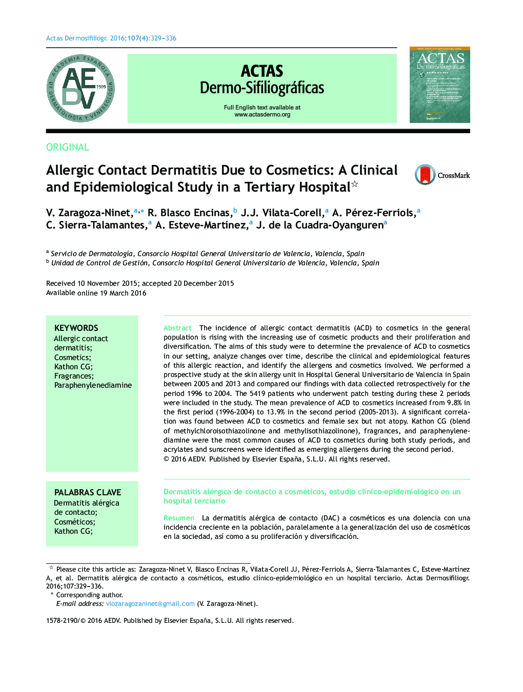 Allergic Contact Dermatitis Due to Cosmetics: A Clinical and Epidemiological Study in a Tertiary Hospital 
