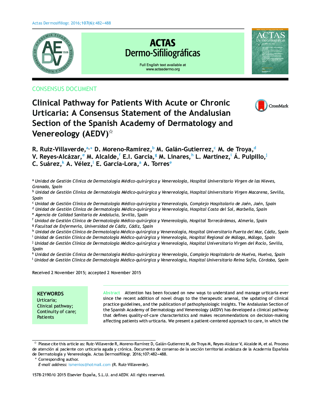 Clinical Pathway for Patients With Acute or Chronic Urticaria: A Consensus Statement of the Andalusian Section of the Spanish Academy of Dermatology and Venereology (AEDV) 