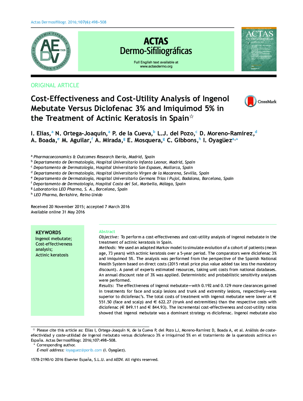 Cost-Effectiveness and Cost-Utility Analysis of Ingenol Mebutate Versus Diclofenac 3% and Imiquimod 5% in the Treatment of Actinic Keratosis in Spain 