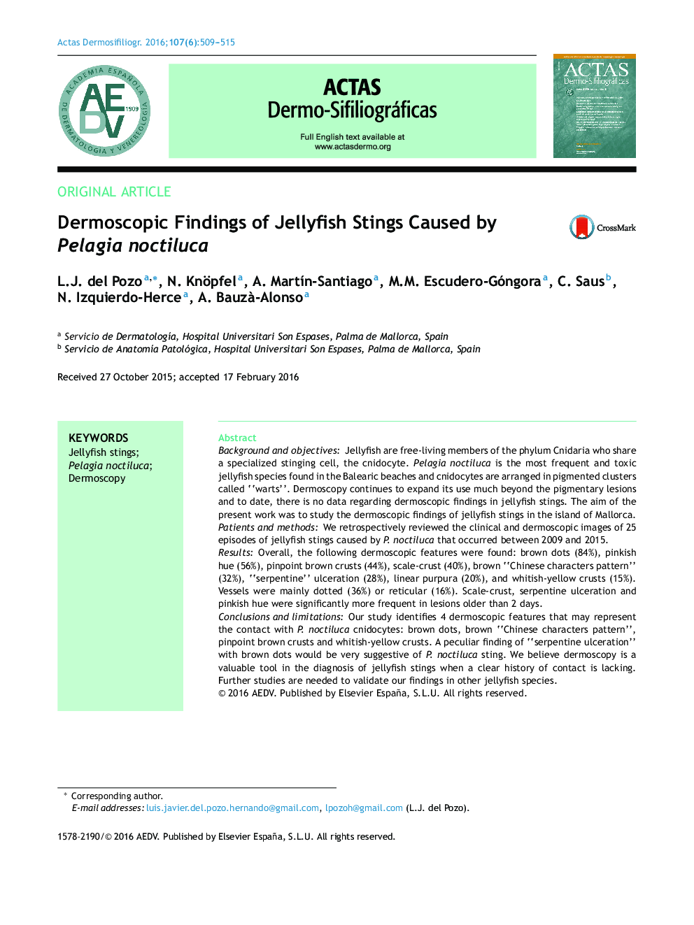 یافته های درماتوسکوپی گزش عروس دریایی ناشی از Pelagia noctiluca