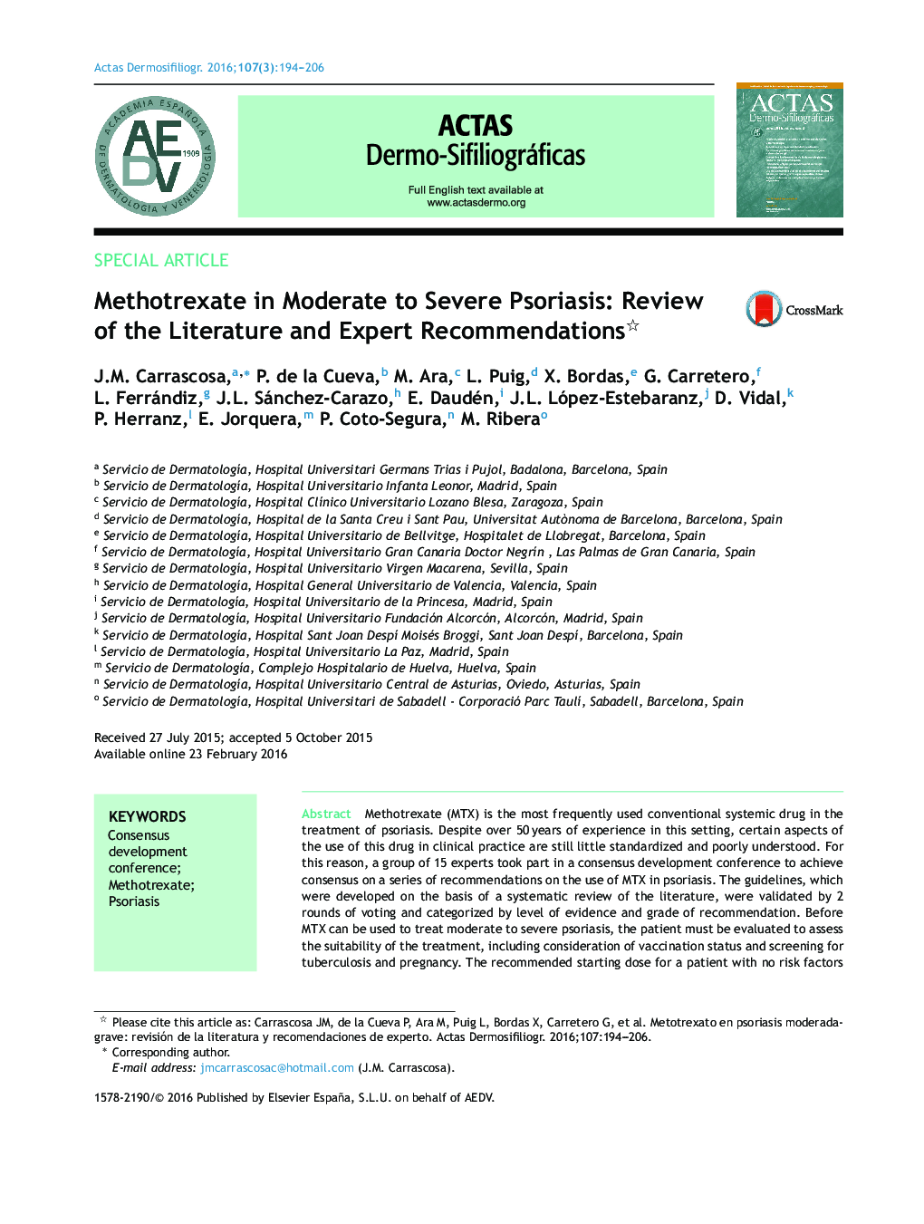 Methotrexate in Moderate to Severe Psoriasis: Review of the Literature and Expert Recommendations 