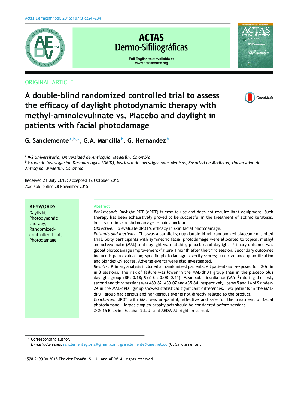 A double-blind randomized controlled trial to assess the efficacy of daylight photodynamic therapy with methyl-aminolevulinate vs. Placebo and daylight in patients with facial photodamage