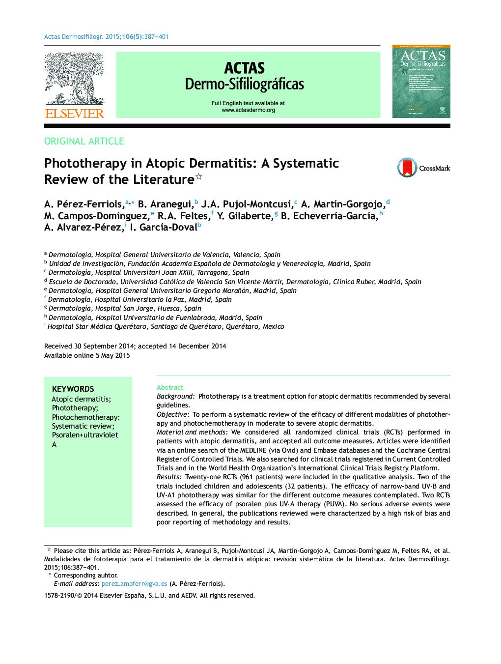 Phototherapy in Atopic Dermatitis: A Systematic Review of the Literature 