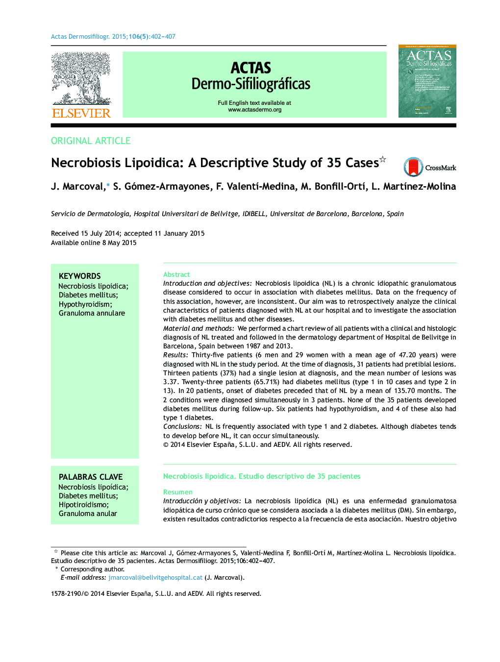 Necrobiosis Lipoidica: A Descriptive Study of 35 Cases 