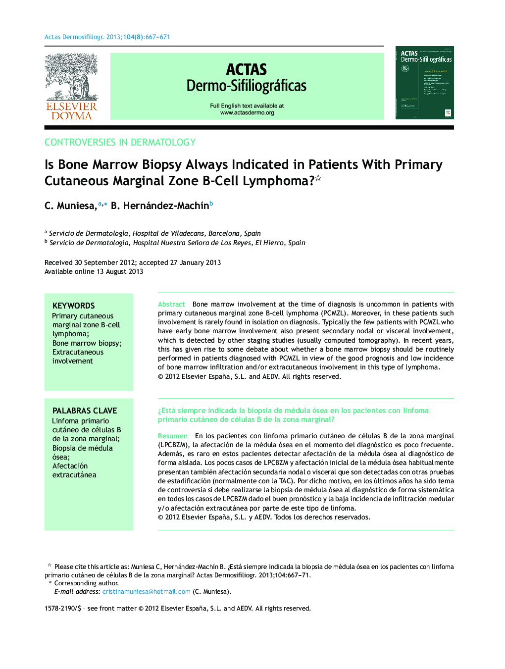 Is Bone Marrow Biopsy Always Indicated in Patients With Primary Cutaneous Marginal Zone B-Cell Lymphoma? 