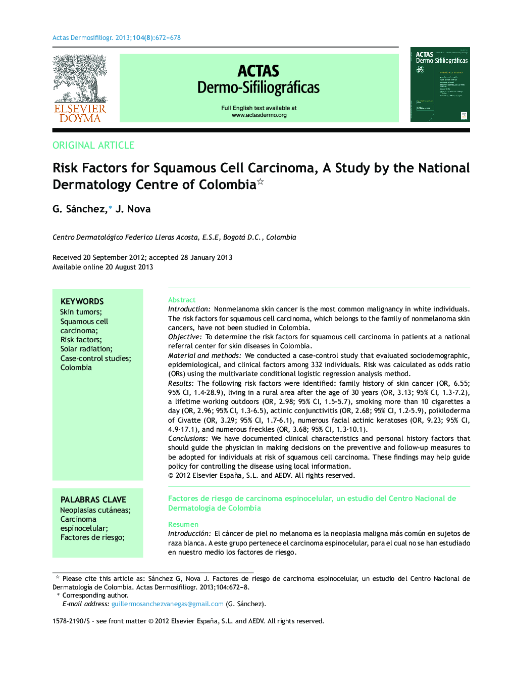 Risk Factors for Squamous Cell Carcinoma, A Study by the National Dermatology Centre of Colombia 
