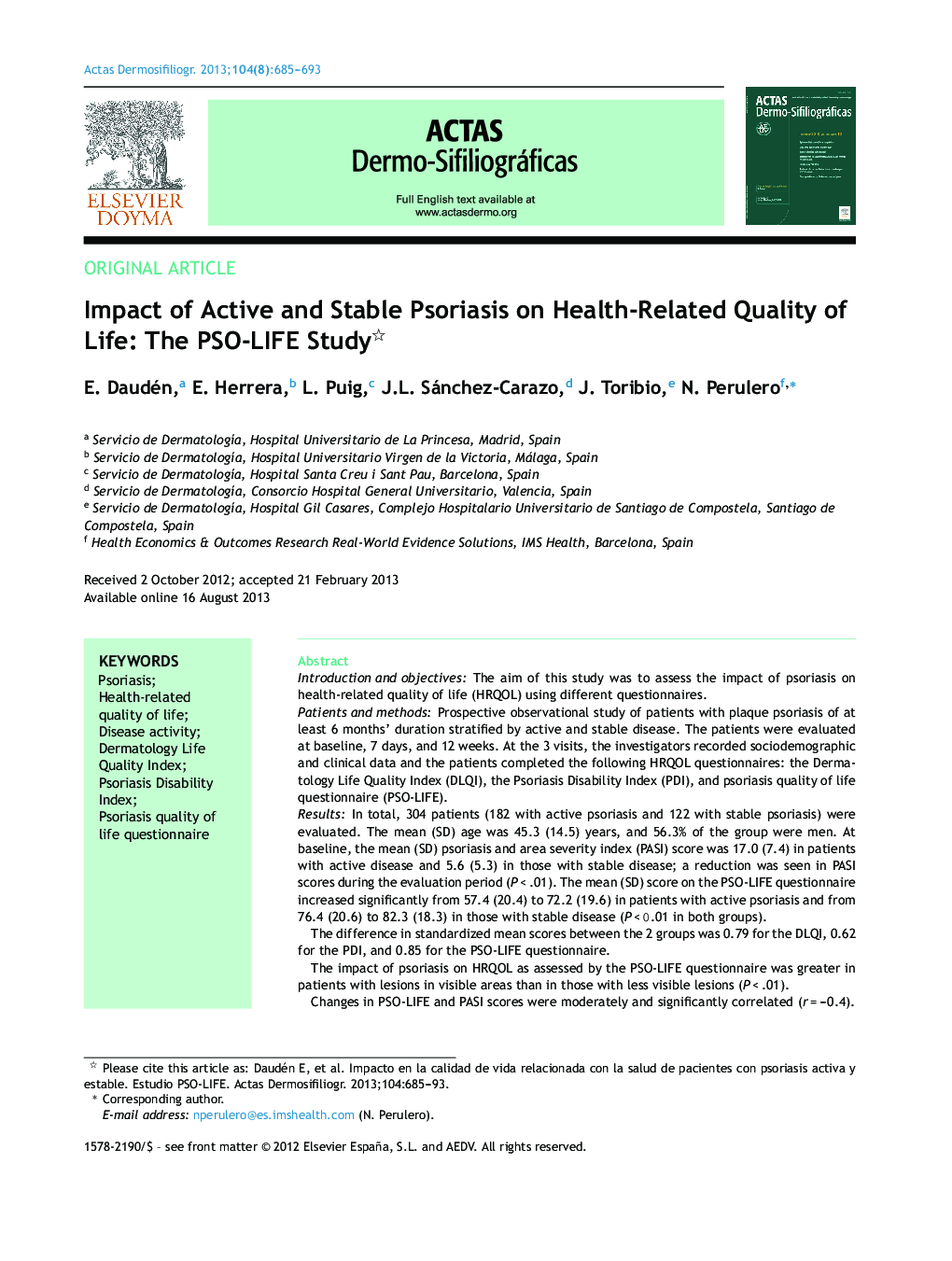 Impact of Active and Stable Psoriasis on Health-Related Quality of Life: The PSO-LIFE Study 