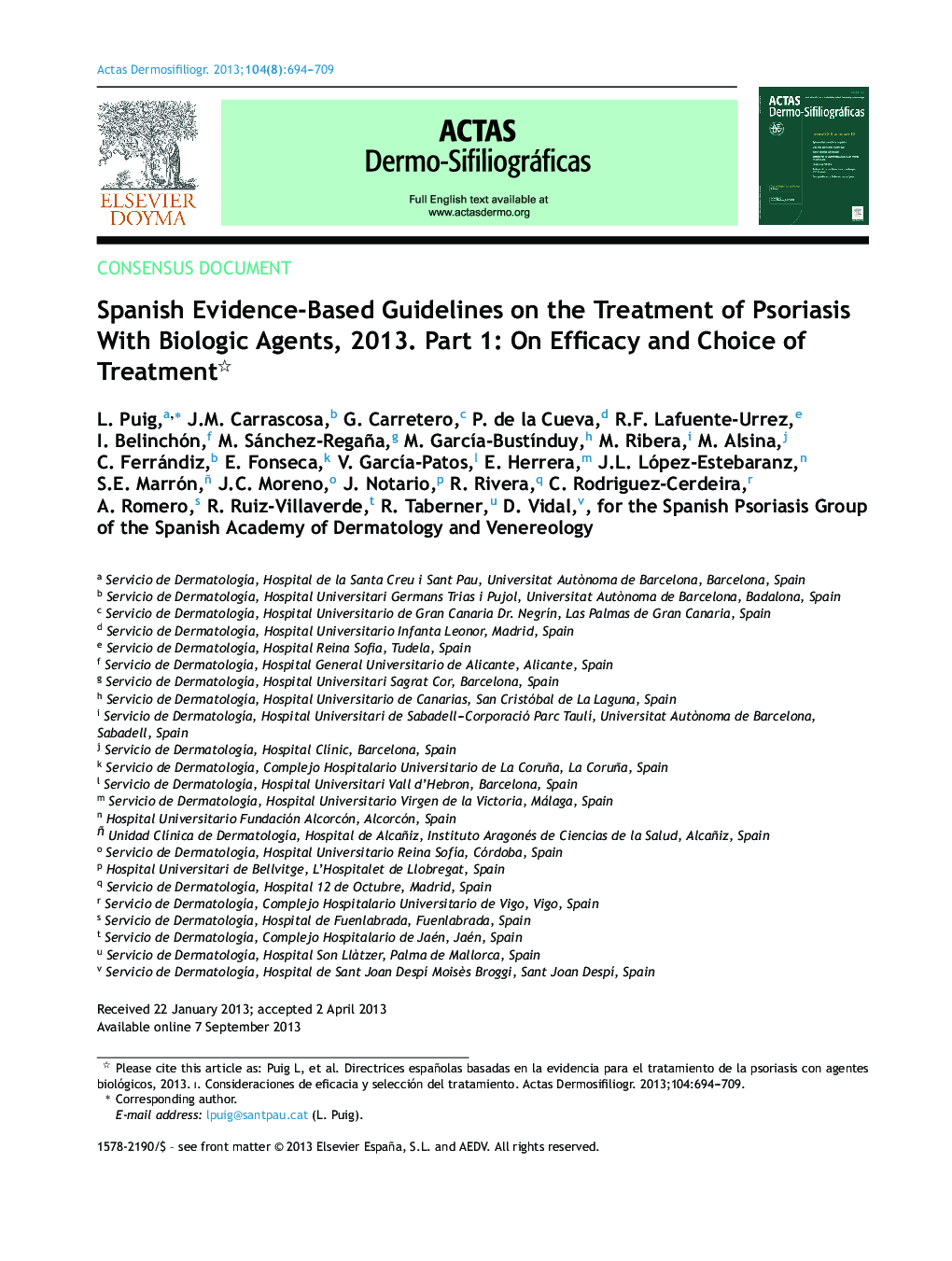 Spanish Evidence-Based Guidelines on the Treatment of Psoriasis With Biologic Agents, 2013. Part 1: On Efficacy and Choice of Treatment 
