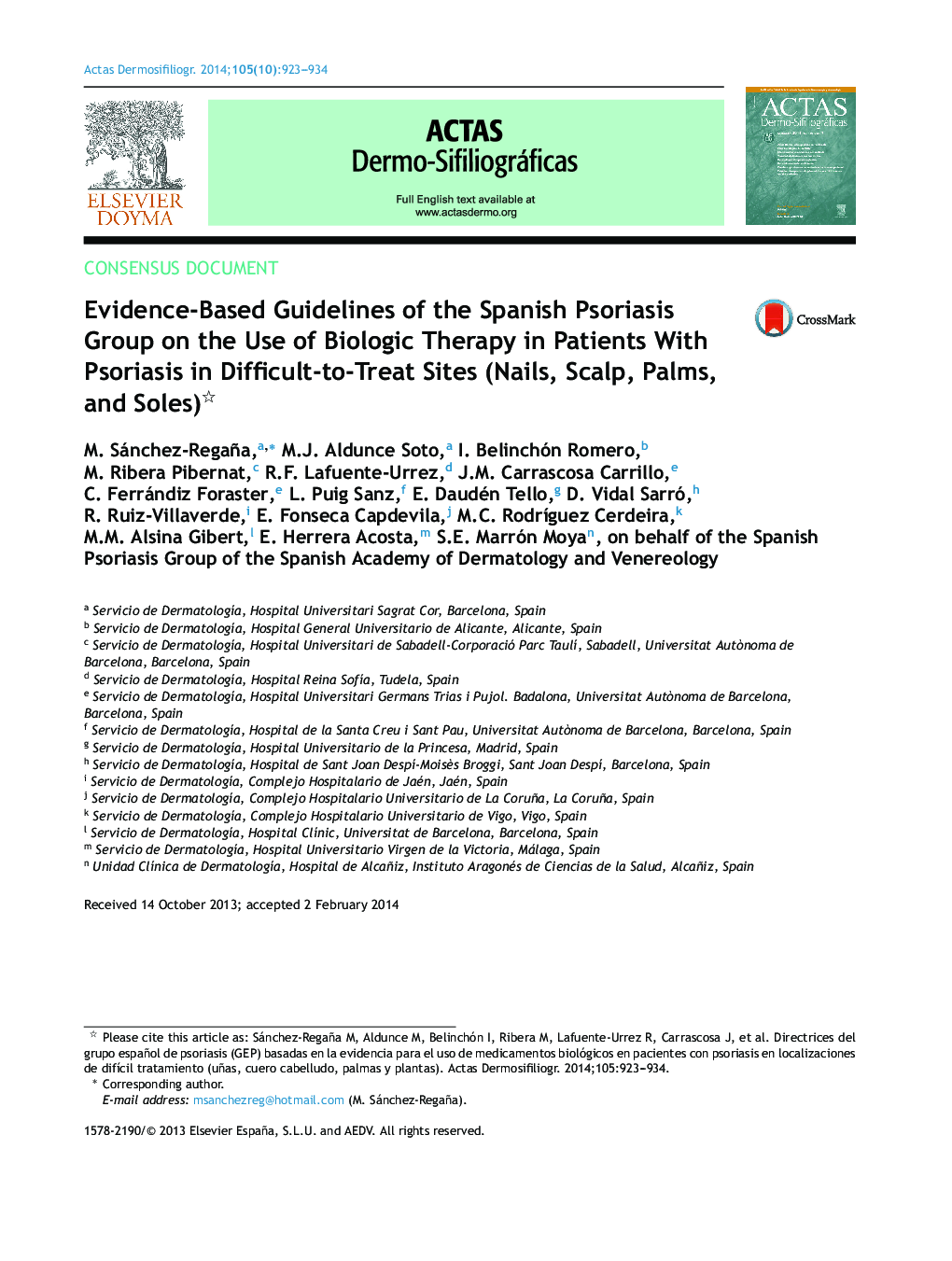 Evidence-Based Guidelines of the Spanish Psoriasis Group on the Use of Biologic Therapy in Patients With Psoriasis in Difficult-to-Treat Sites (Nails, Scalp, Palms, and Soles) 