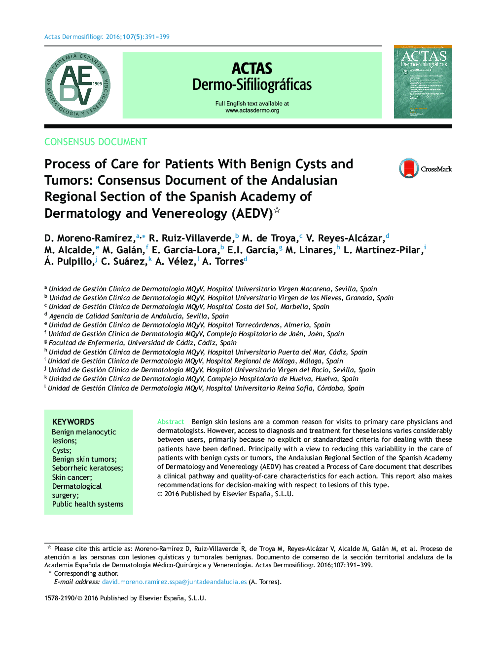 Process of Care for Patients With Benign Cysts and Tumors: Consensus Document of the Andalusian Regional Section of the Spanish Academy of Dermatology and Venereology (AEDV) 